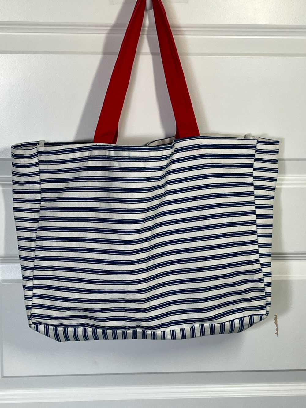 Americana Blue White Striped Canvas Tote Bag Red Handles Beach Nautical USA